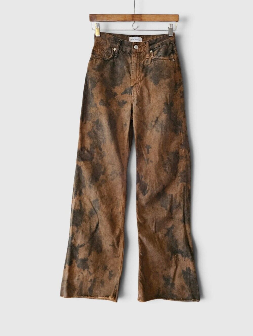 Zara '80s Collection High Rise Mud Wash Brown Batik Dyed Wide Leg Barrel Jeans 0